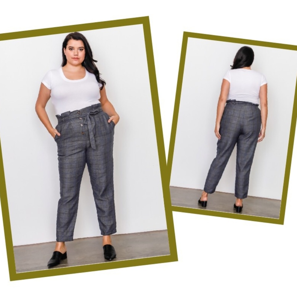 Grey Plaid High Waist Belted Dress Pant Plus Sz 1X